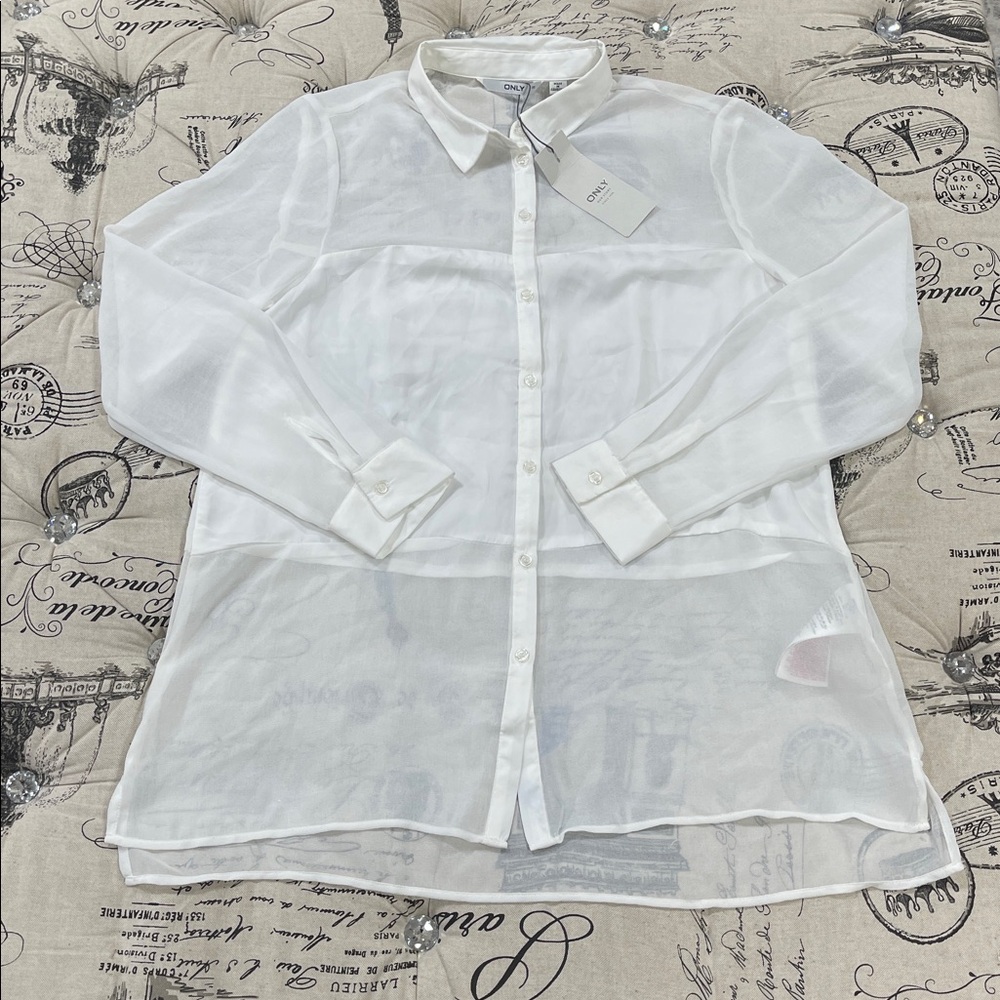 Only Women Sheer Long Sleeve Button-Up Blouse - Picture 1 of 15